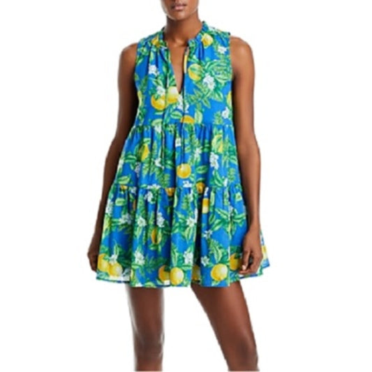 Aqua Lemon Print Babydoll Sleeveless Mini Tunic Dress Green Yellow Medium