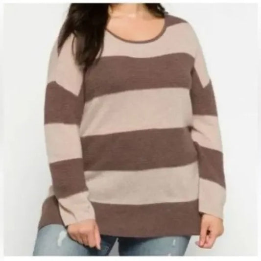 Lusso Logan Crewneck Cashmere Striped Long Sleeve Sweater Brown Tan XL