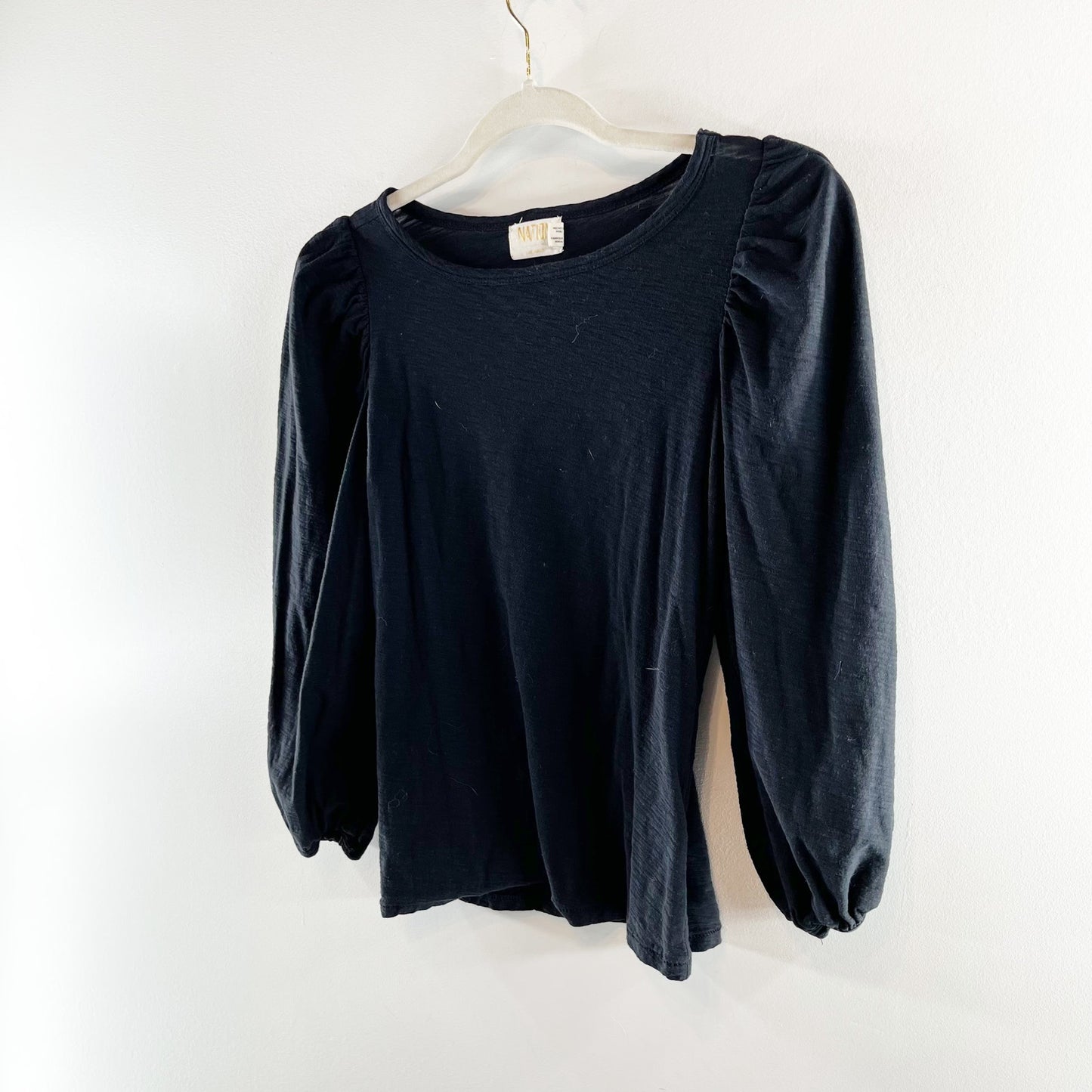 Nation LTD Puff Balloon Sleeve Crewneck Cotton Top Black XS