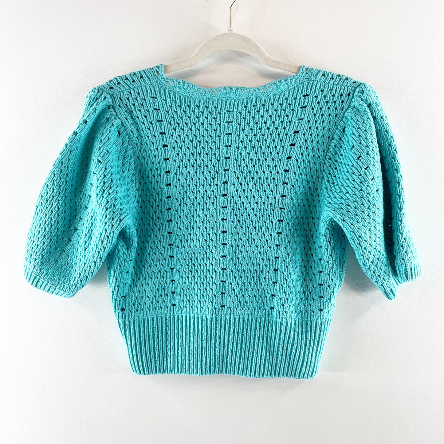 English Factory Puff Sleeve V-Neck Crop Knit Cardigan Sweater Turquoise Medium