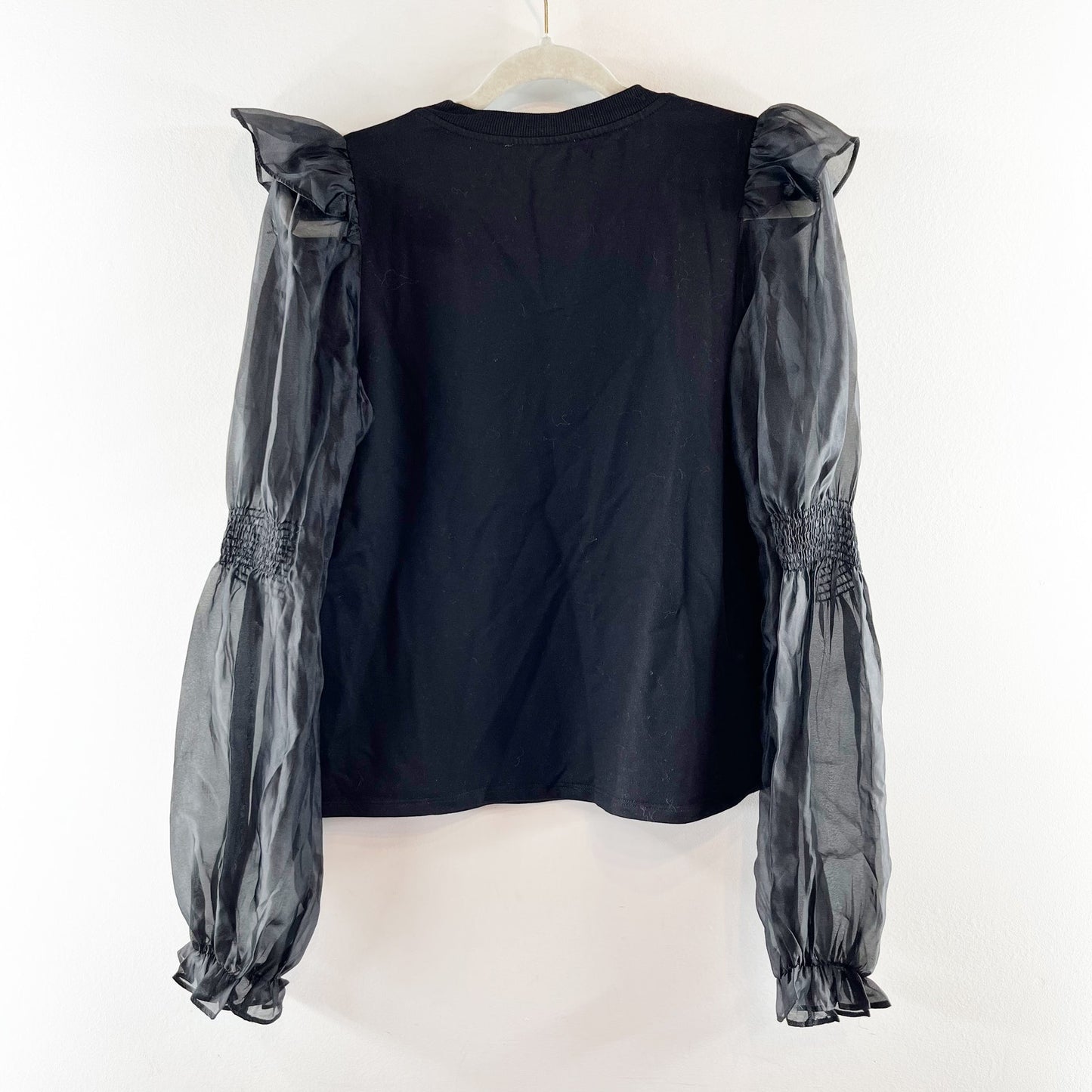 Anthropologie Crewneck Organza Puff Long Sleeve Blouse Top Black Medium