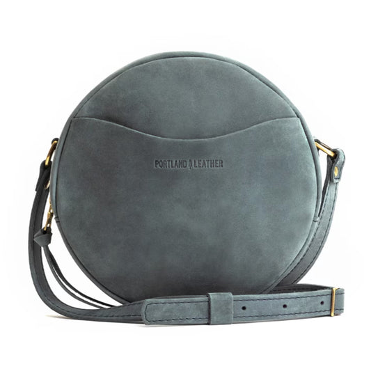 Portland Leather Circle Canteen Style Crossbody Bag Purse Blue Gray
