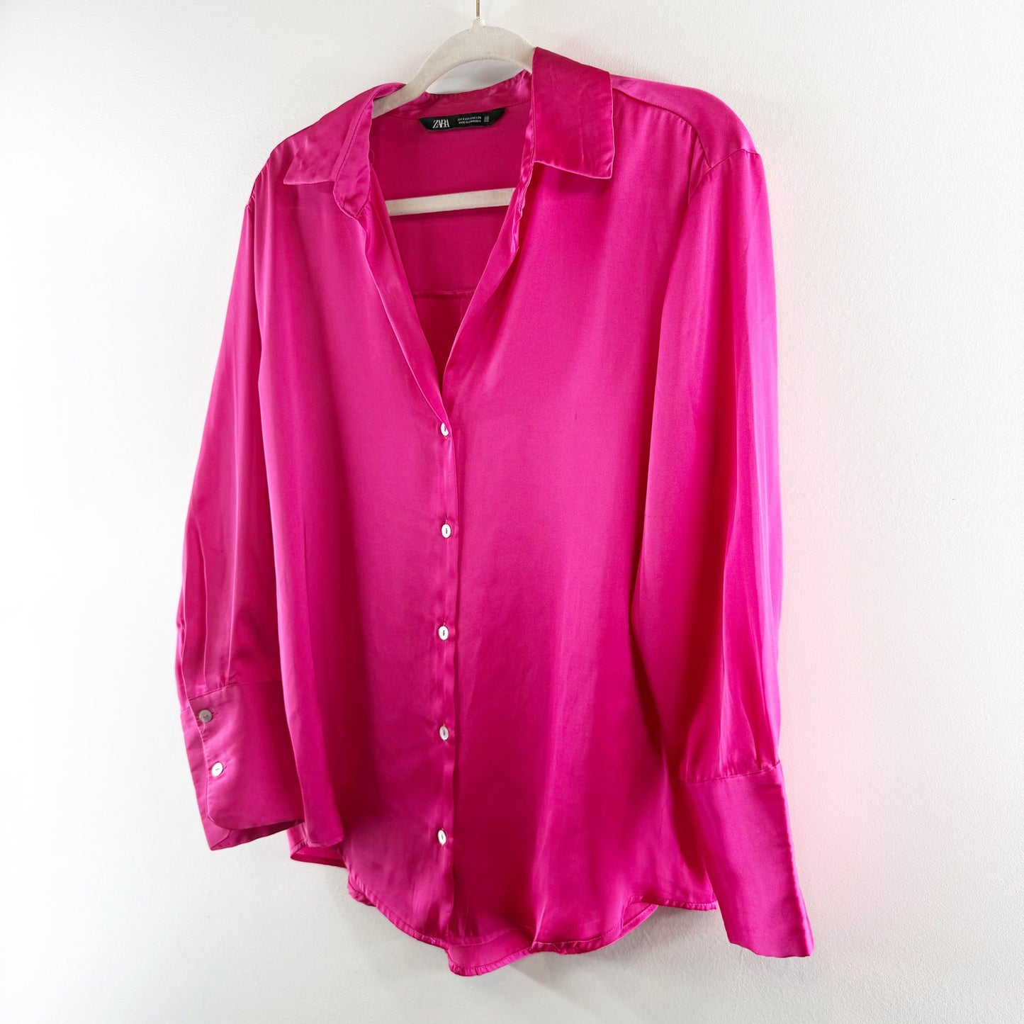 ZARA Satin Effect Long Sleeve Oversized Button Up Shirt Top Pink Small