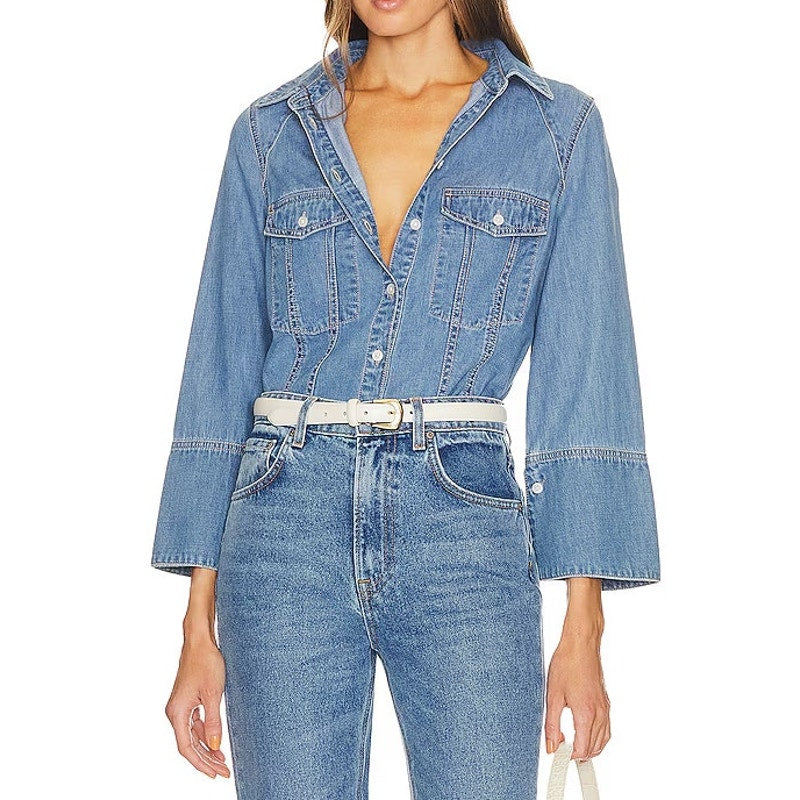 Veronica Beard Tivi Long Sleeve Chambray Denim Button-Down Shirt Iceberg Small