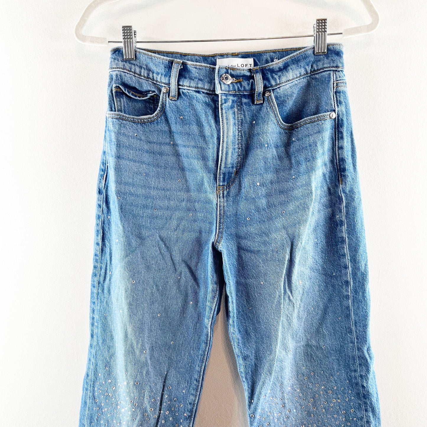LOFT High Rise Straight Leg Raw Frayed Hem Rhinestone Jeans Blue 2 / 26