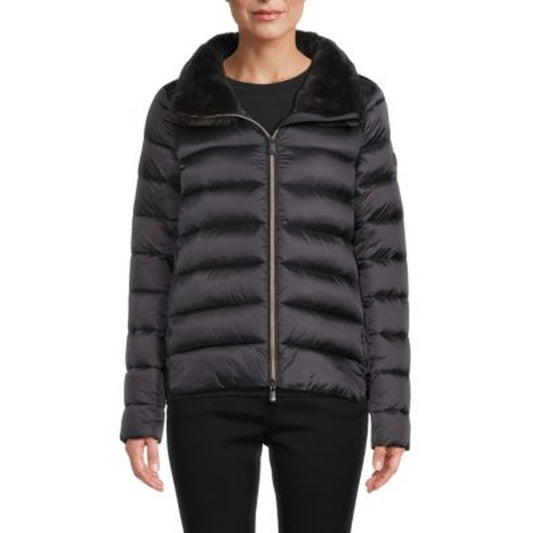Save The Duck Mei Faux Fur Collar Puffer Coat Jacket Black XS