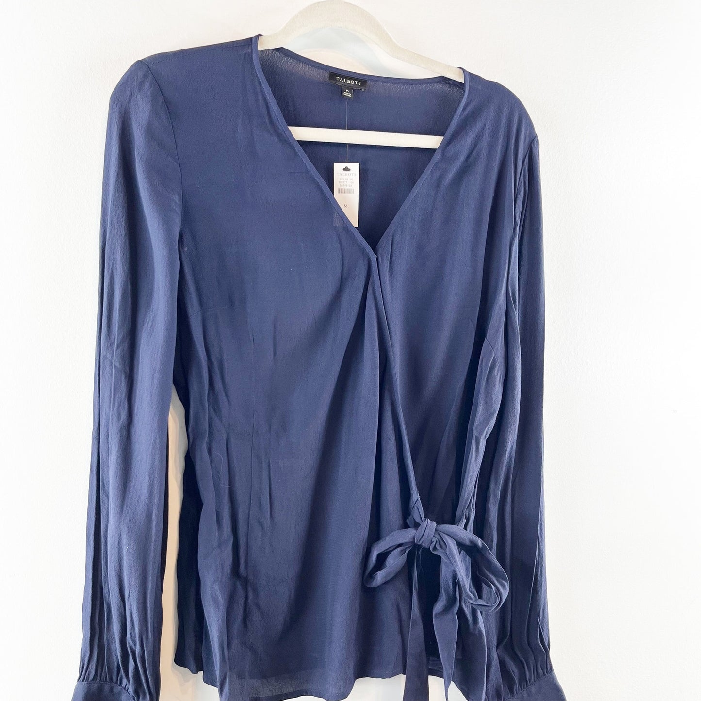 Talbots Long Sleeve Surplice V-Neck Side Tie Faux Wrap Blouse Navy Blue Medium