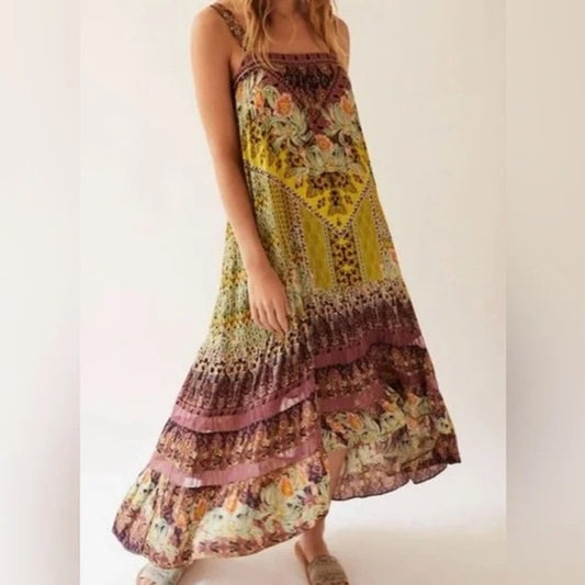 Anthropologie Lovett Tiered Printed Sleeveless Slip Maxi Dress Yellow Red Small