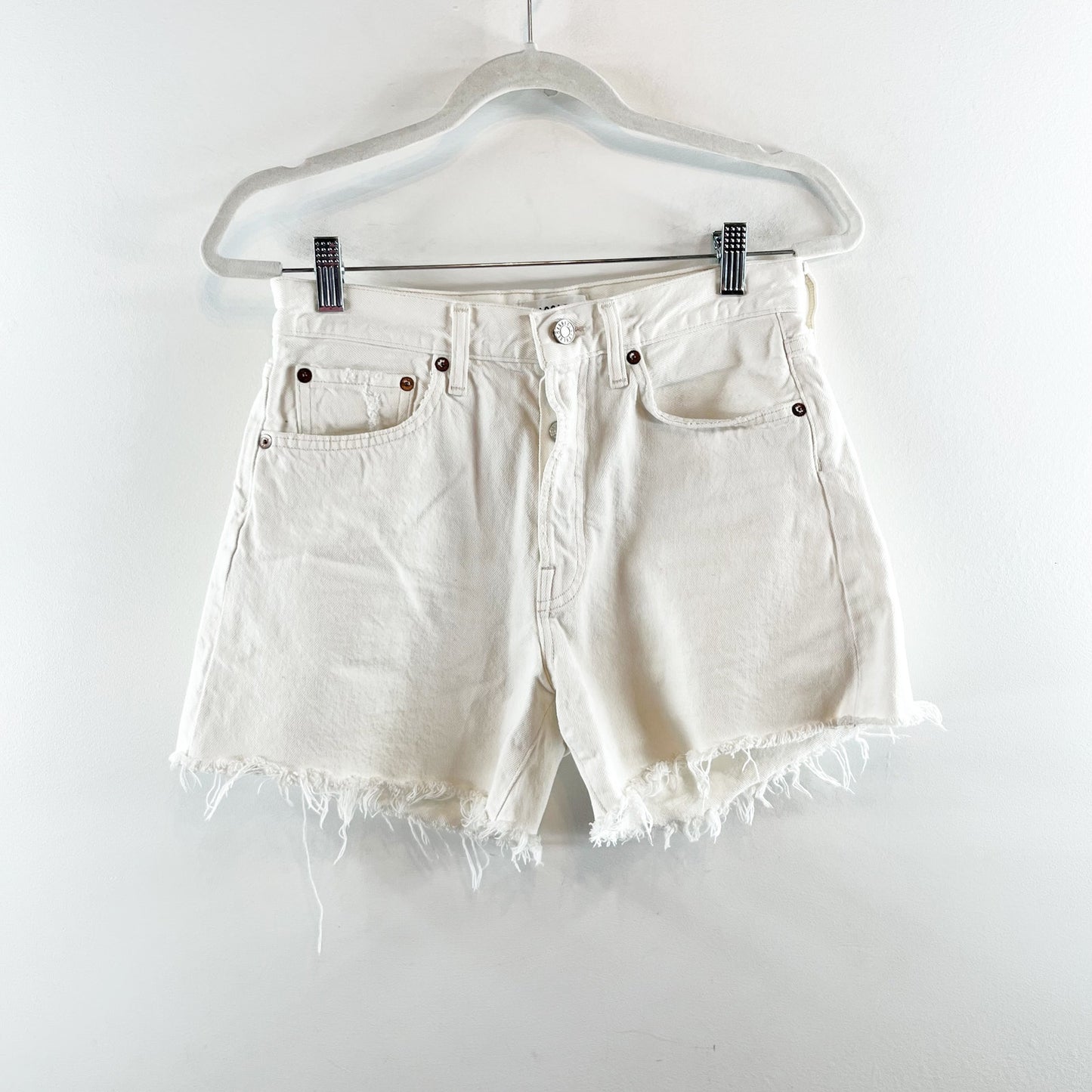 Agolde Parker High Waisted Button-Fly Denim Long Jean Short Panna Cotta 25