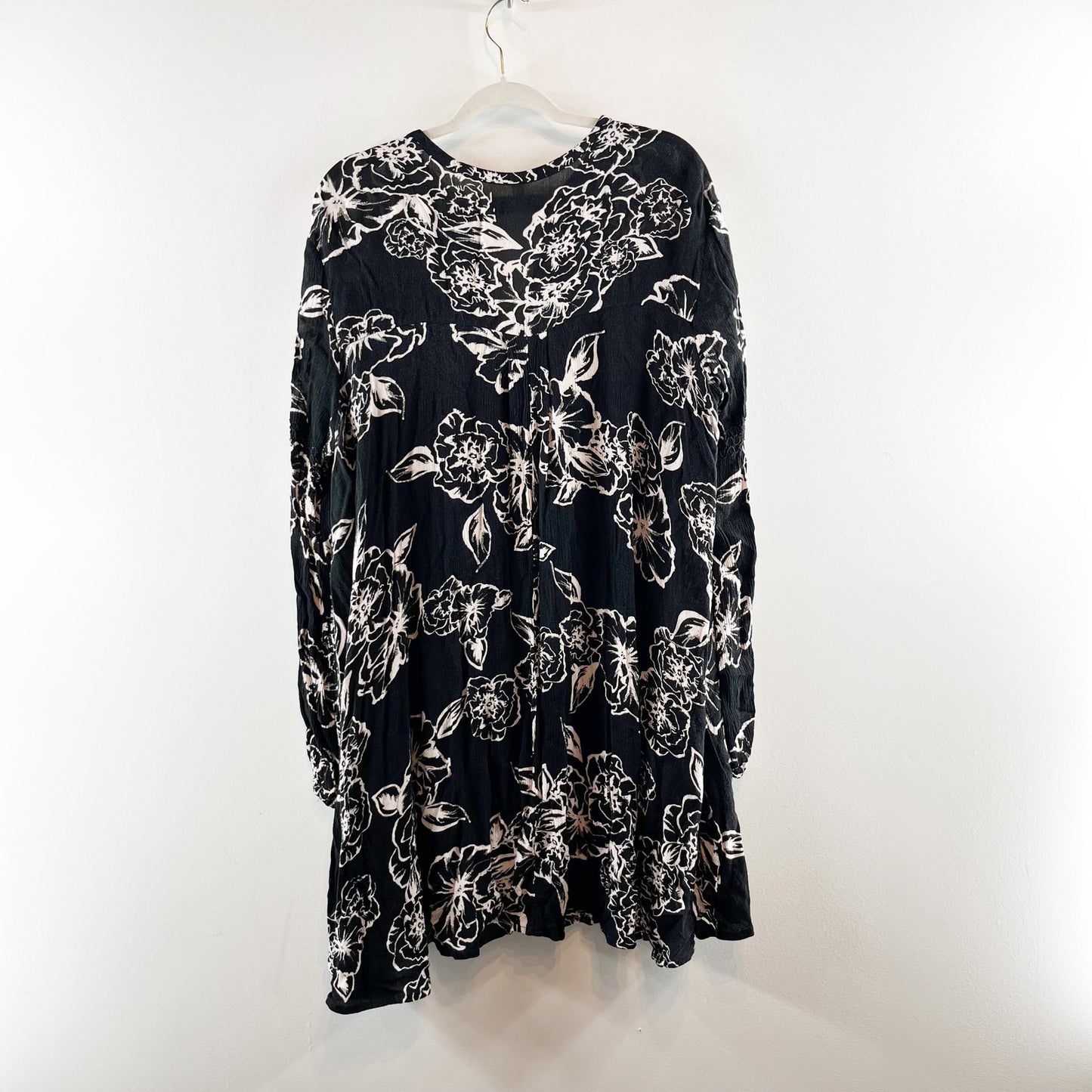 Free People Snap Out of It Floral 3/4 Sleeve Swing Tunic Mini Dress Black Large