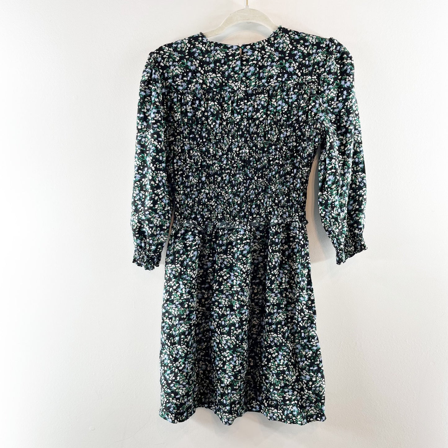 Madewell 3/4 Sleeve Smocked Floral Mini Dress Ditsy Black Green 4