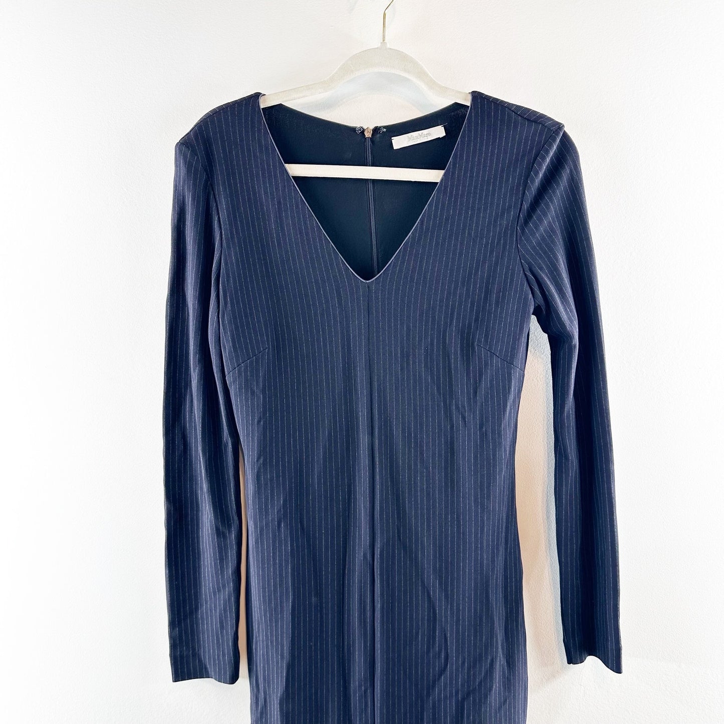 Hugo Boss V Neck Long Sleeve Pinstripe Midi Dress Navy Blue 6