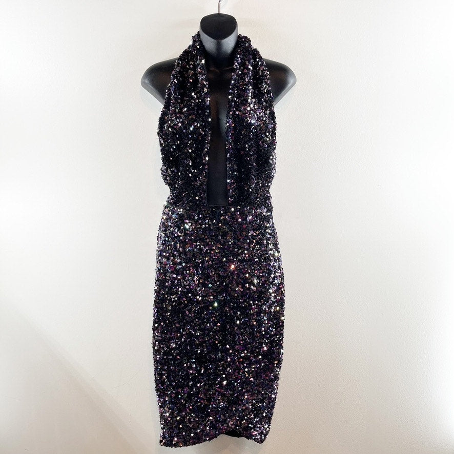 Bardot Sequin Halter Cutout Knee Length Dress Black Multi XS