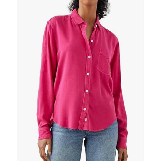 Rails Ingrid Long Sleeve Button Down Shirt Raw Hem Hibiscus Pink Small