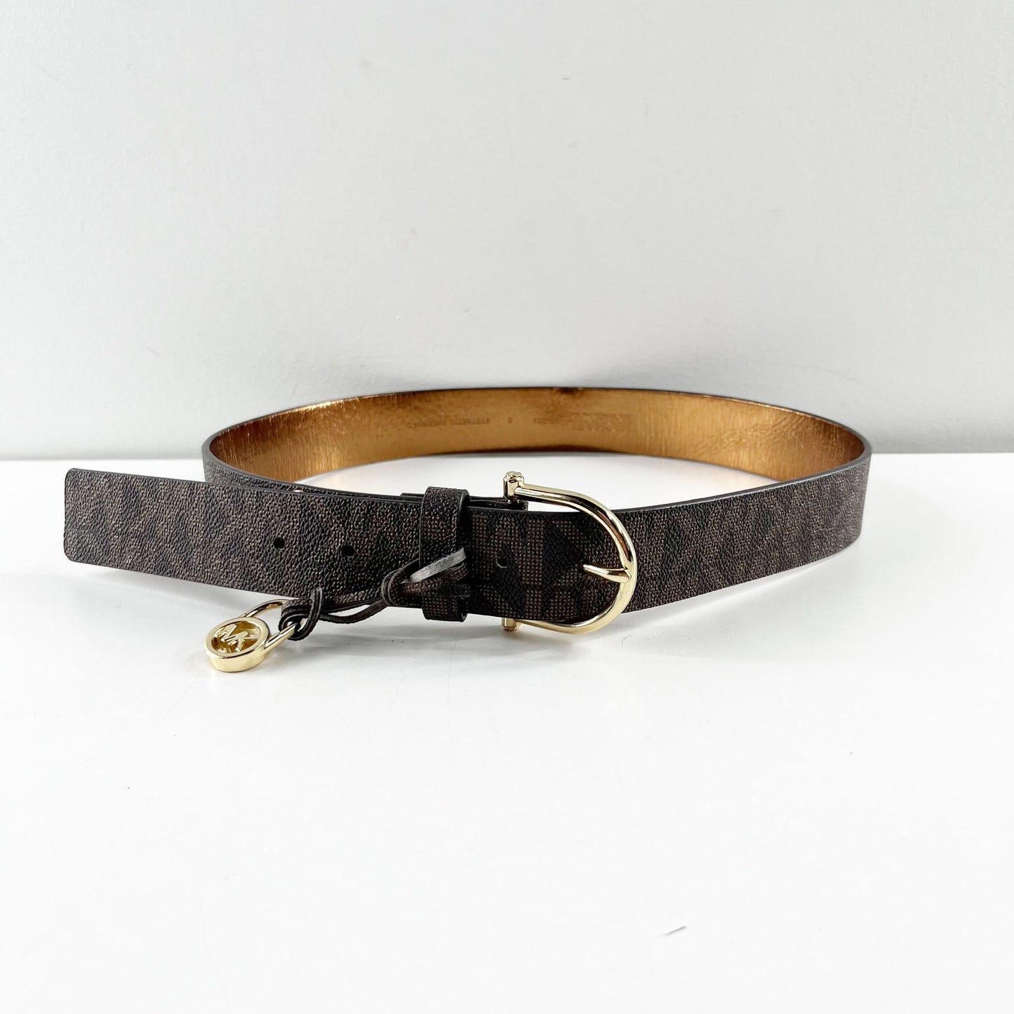 Michael Mickael Kors MK Monogram Gold Buckle Wide Belt Chocolate Brown Small