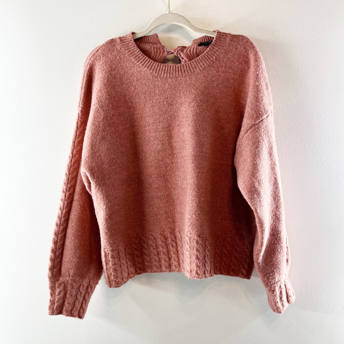 Papermoon Cable Trim Crewneck Bow Tie Back Pullover Sweater Pink Medium