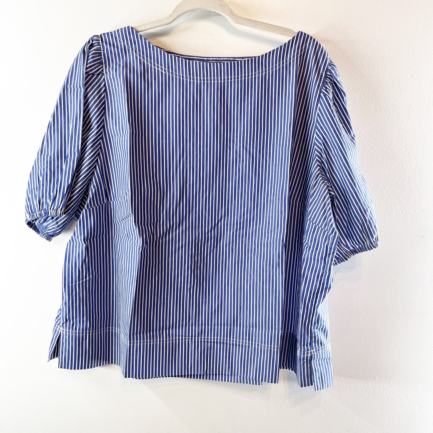 J. Crew Striped Puff Sleeve Boat Neck Blouse Top Blue White Plus 2X