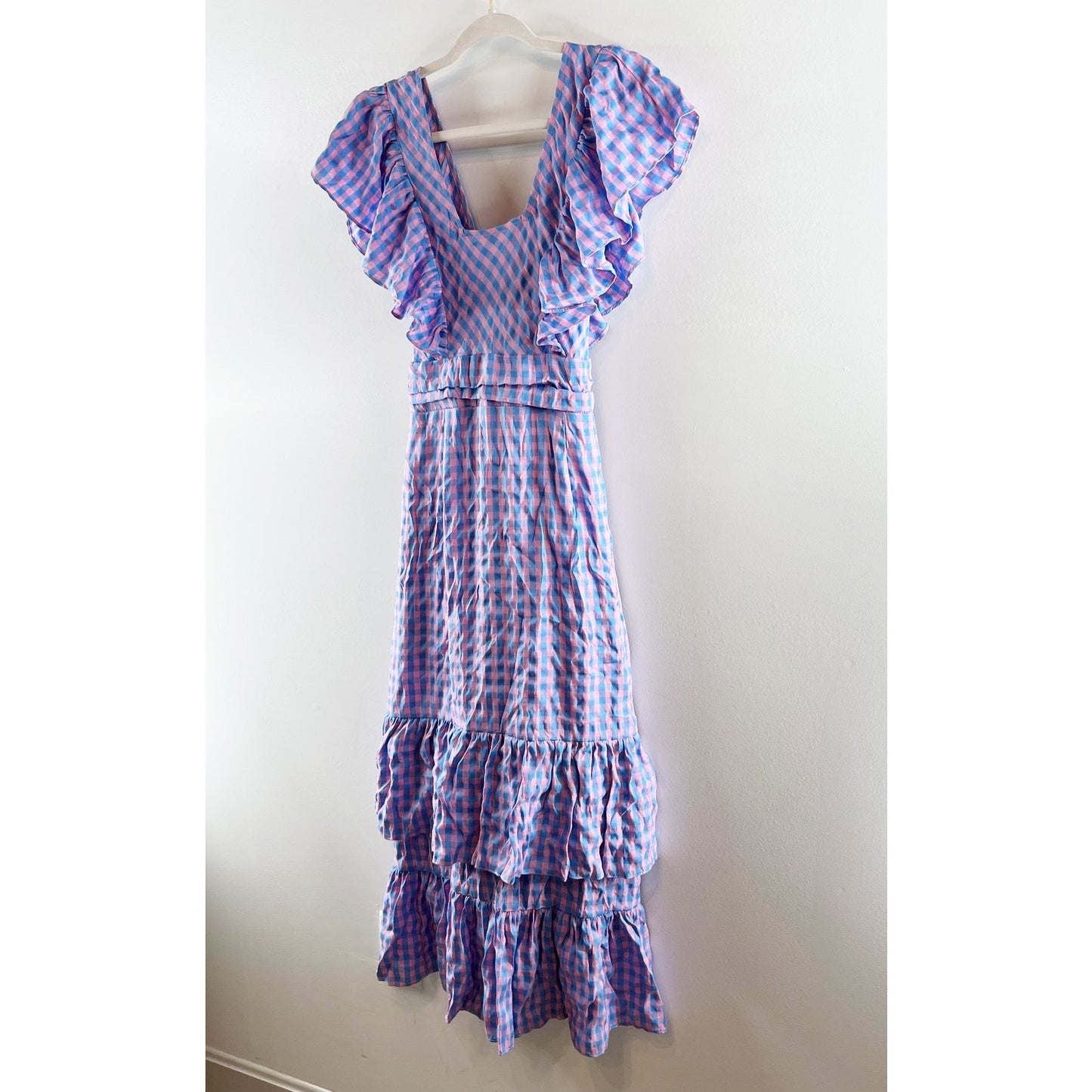 Entro Gingham Print Flutter Sleeve Square Neck Maxi Dress Purple Pink Medium