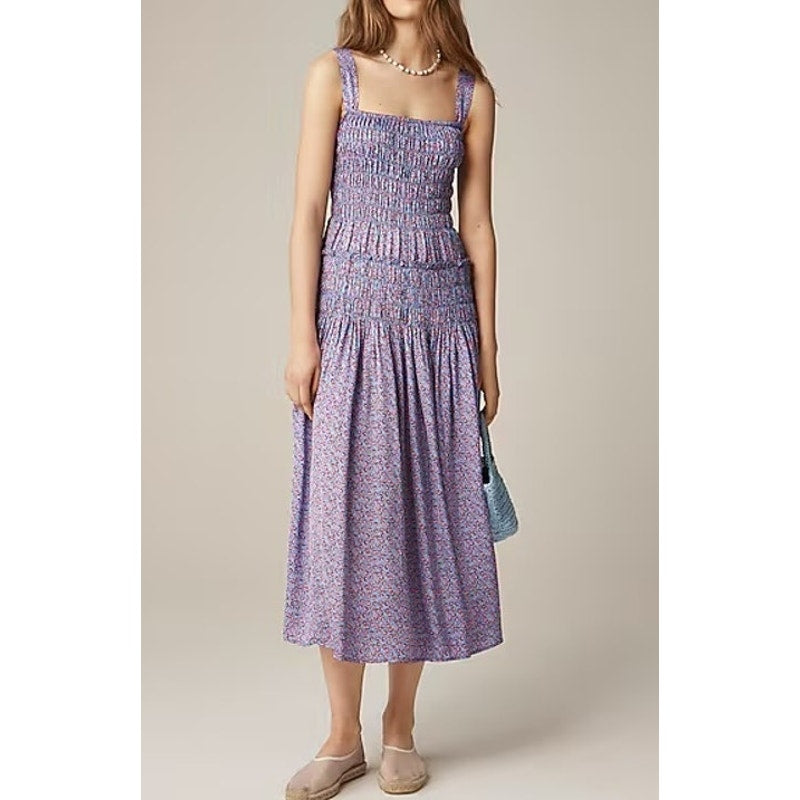 J. Crew Smocked Drop Waist Midi Dress in Summer Fields Purple Medium