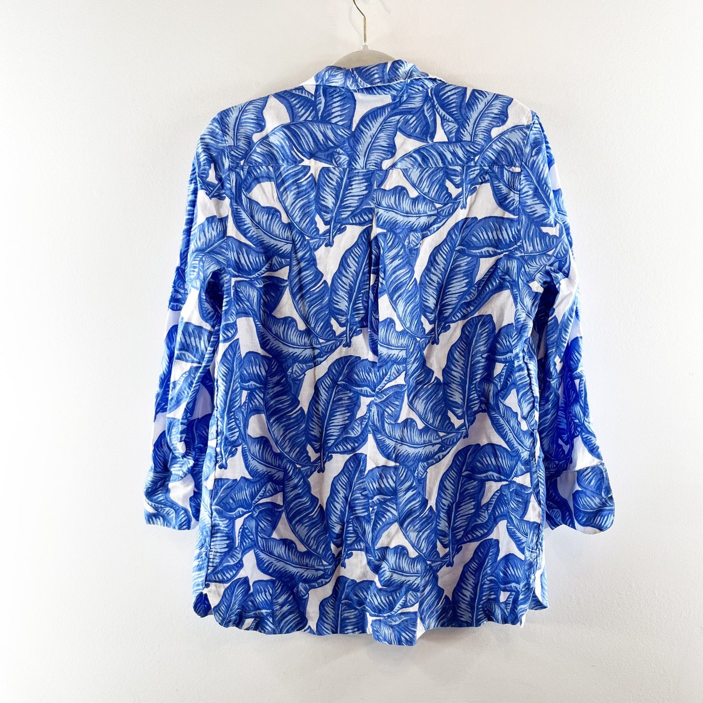 Vineyard Vines Long Sleeve Palm Tree Printed Linen Blouse Shirt Blue White Med