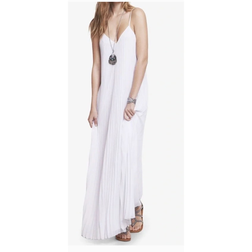 Express Pleated Lined Plisse V Neck Sleeveless Maxi Dress White XS