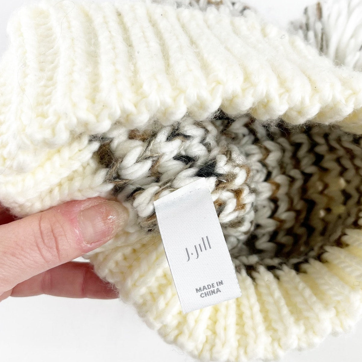 J. Jill Crochet Knit Pom Pom Beanie Winter Hat Cream Ivory