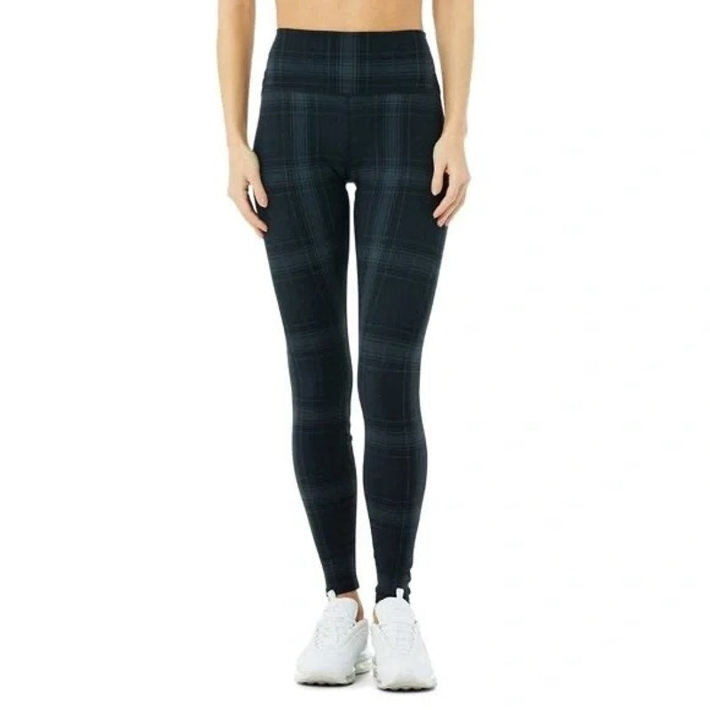 Alo Yoga Plaid High Rise Vapor Full Length Leggings Black Gray Small
