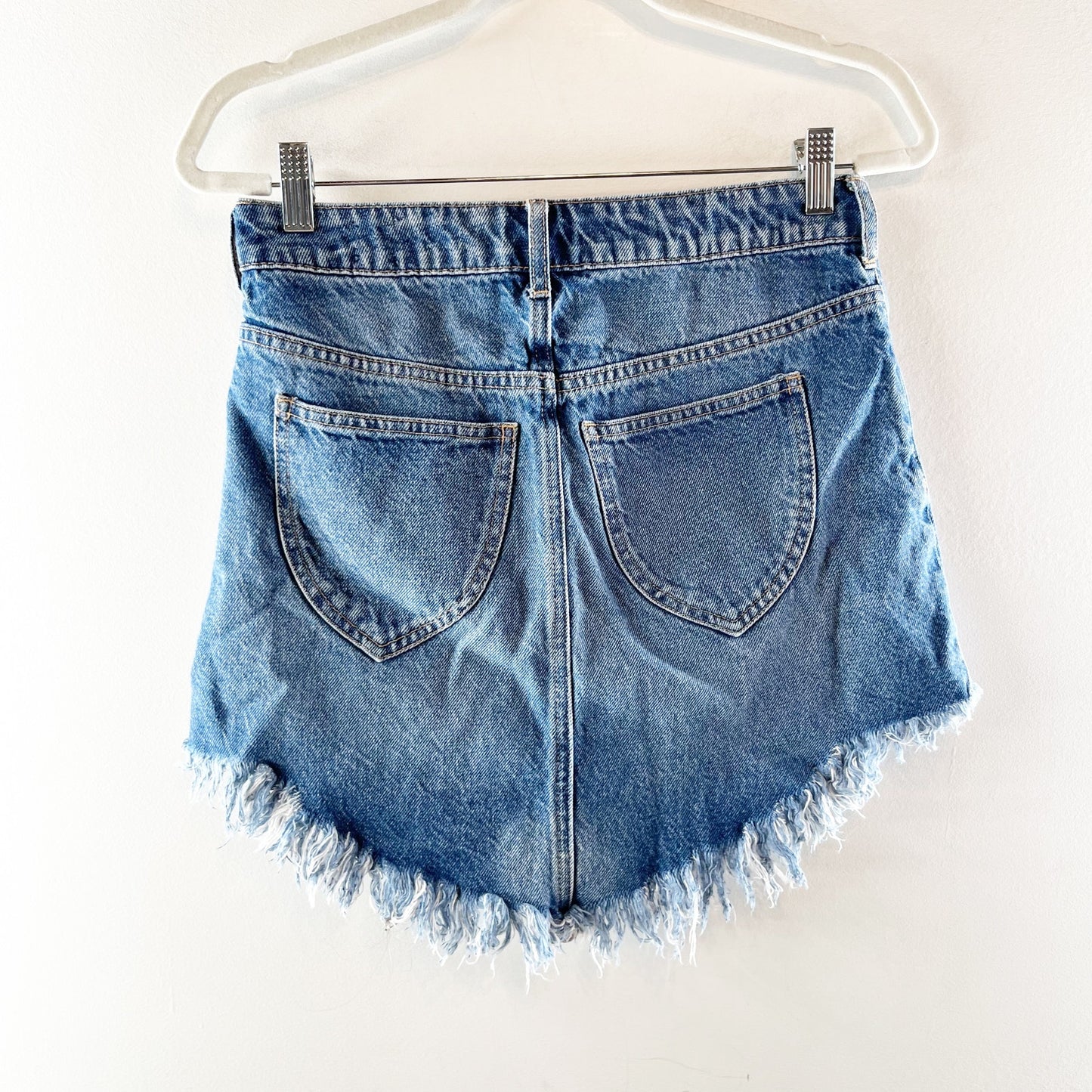 Free People Bailey High Waisted Asymmetric Frayed Hem Denim Mini Skirt Blue 26