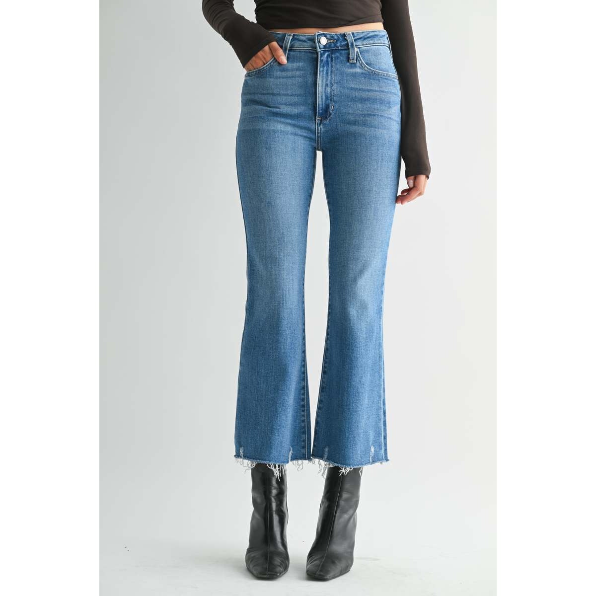 Just Black Denim High Rise Kick Cropped Frayed Hem Flare Jeans Blue 31 / 12