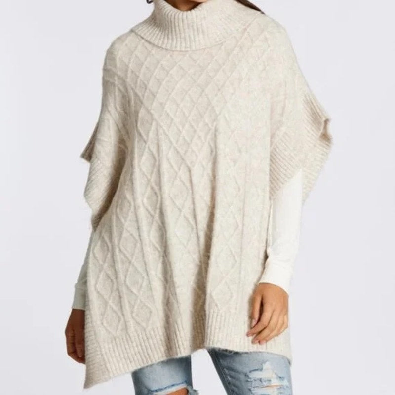 LOFT Cable Knit Short Sleeve Turtleneck Poncho Sweater Beige Cream XS / S