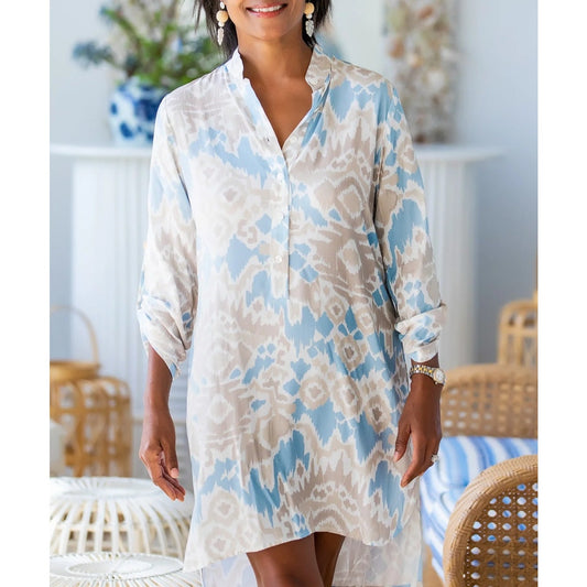 Walker & Wade Day Tripper Hi-Low Shirt Dress Sand and Sea Ikat Blue Cream Small
