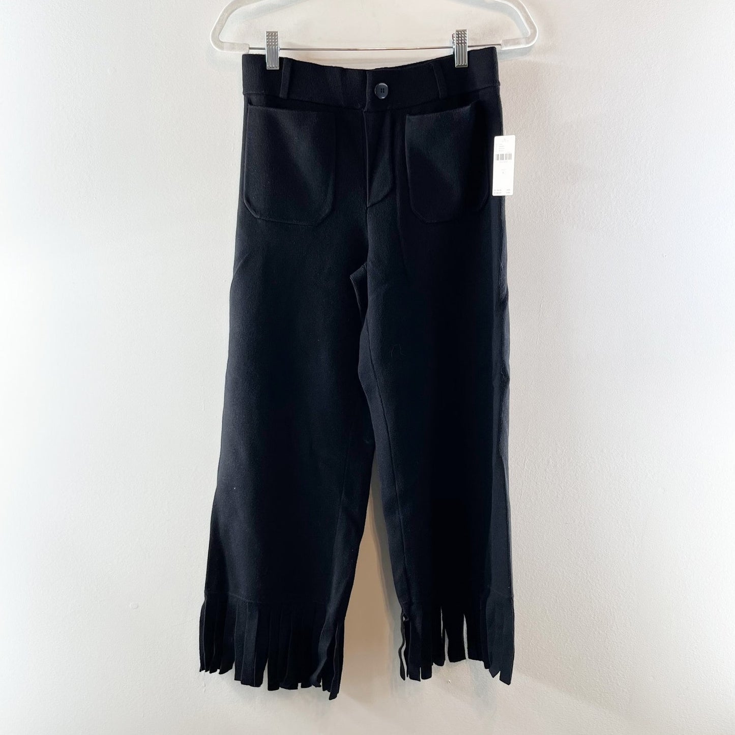 Maeve Anthropologie Colette Knit Fringe High-Rise Wide-Leg Cropped Pants Black