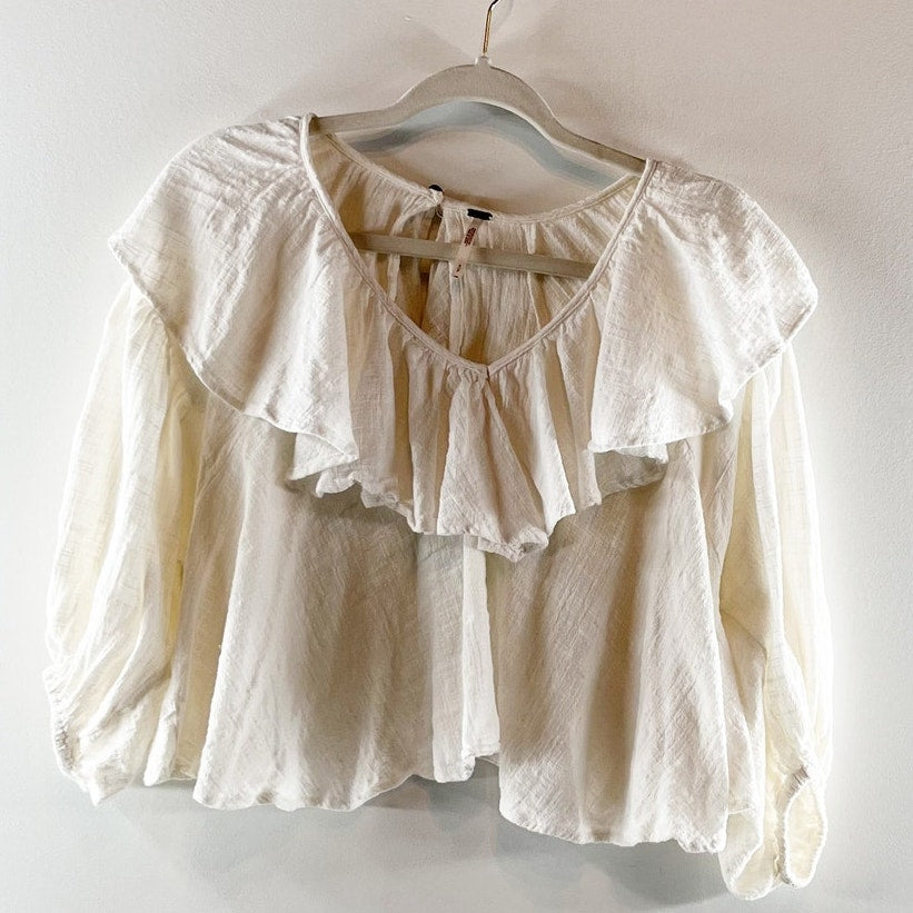 Free People Zuri Ruffle Trim 3/4 Sleeve Open Back Cropped Blouse Top Ivory Small