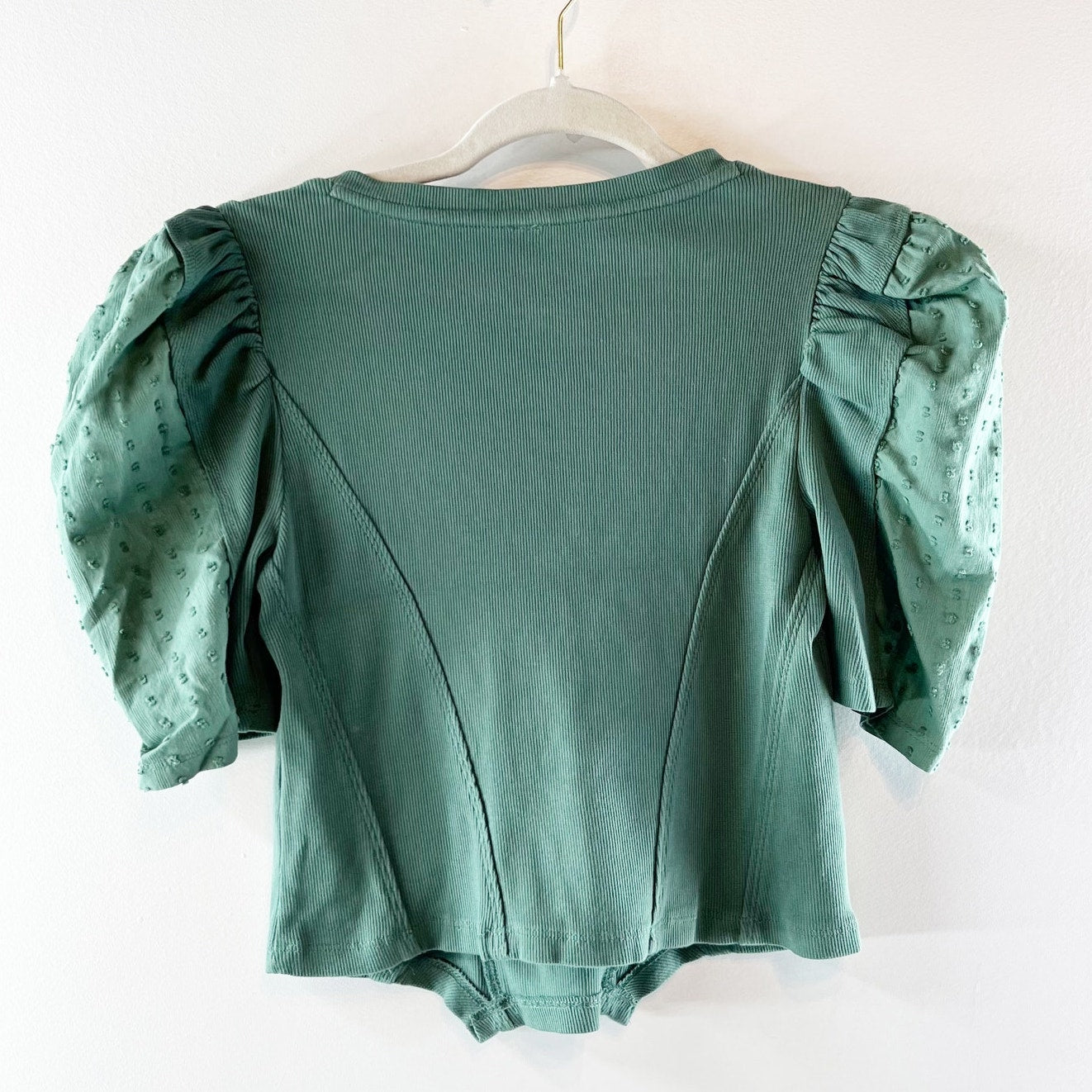 Anthropologie Structured V Neck Puff Sleeve Top Green XS Petite