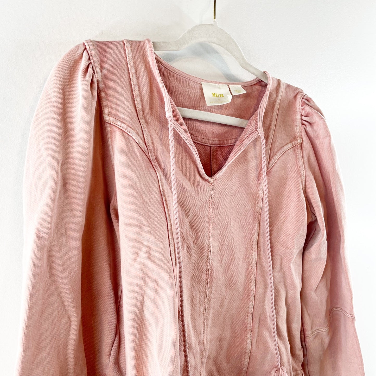 Maeve Anthropologie Jennae Pullover Acid Wash Puff Sleeve Sweatshirt Pink Small