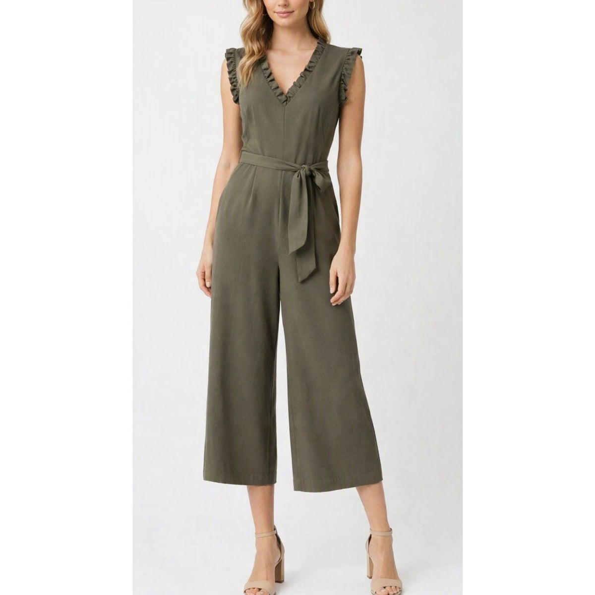 Calvin Klein Ruffle V-Neck Belted Wide Leg Cropped Jumpsuit Olive Green 2