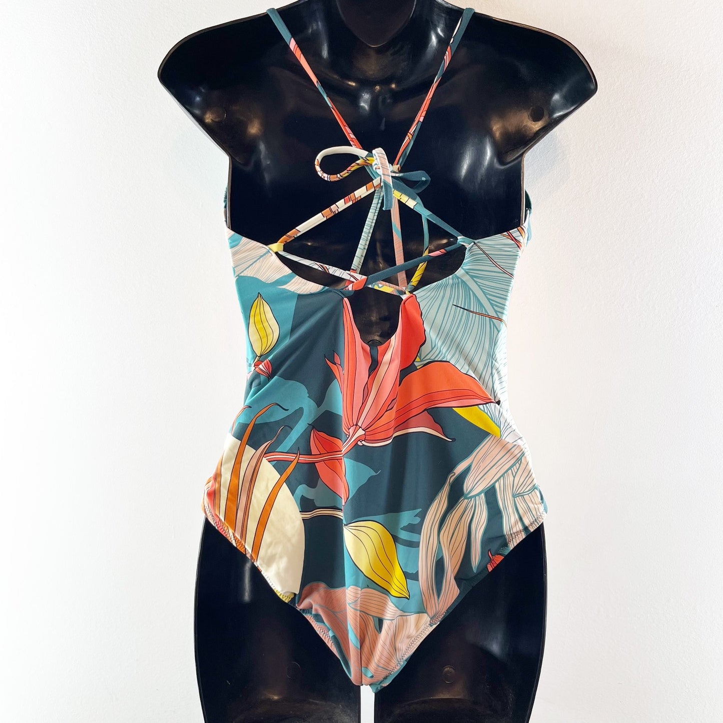 Calia Triangle Strappy Back One Piece Swimsuit Botanical Sea Green 8