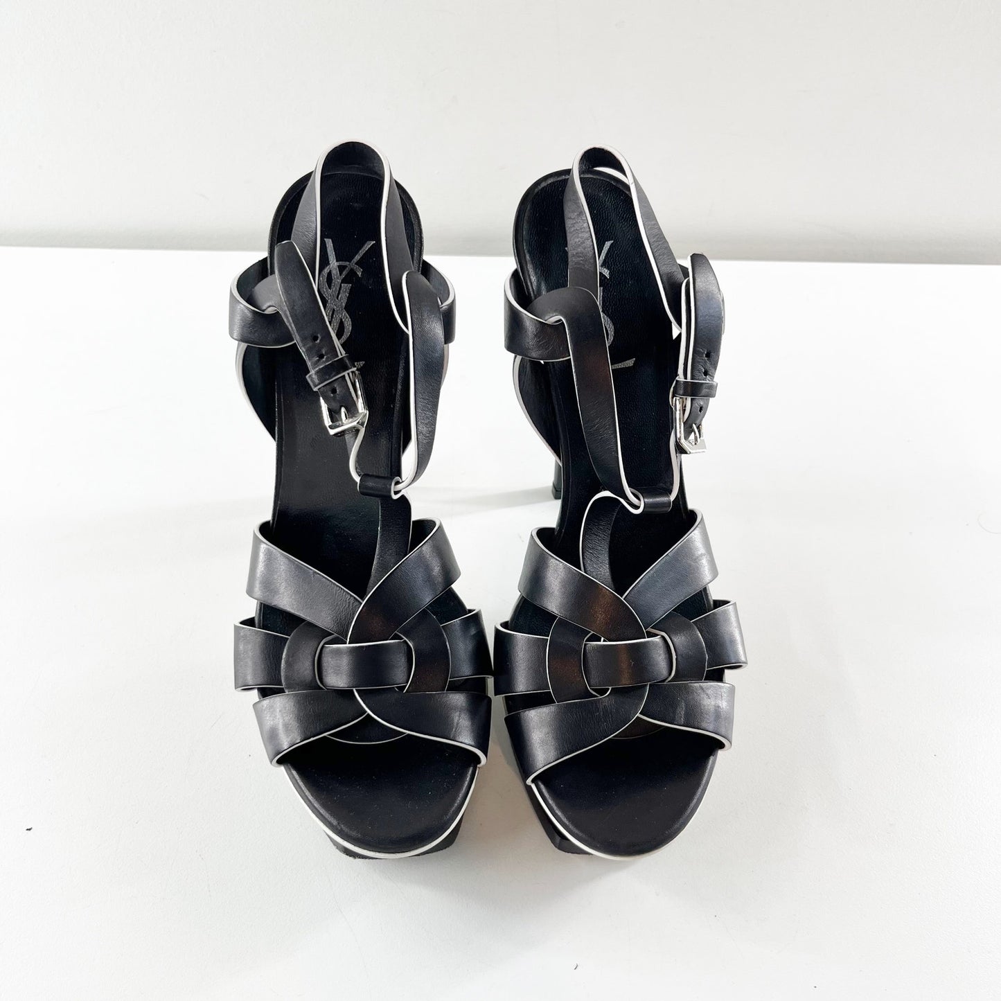 YSL Yves Saint Laurent Tribute Platform T Strap Leather Pumps Heels Black 38.5