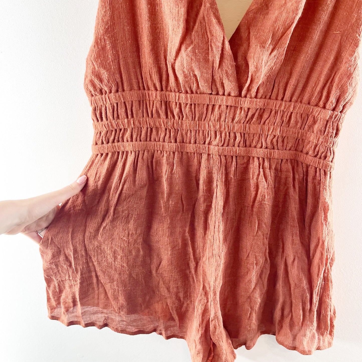 The Impeccable Pig Sleeveless Smocked Waist V-Neck Romper Brown Orange Large