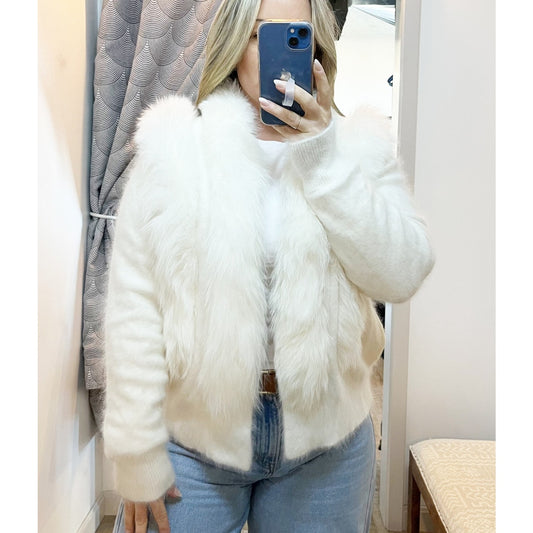 Patty Kim Long Sleeve Rabbit Fur Open Front Cardigan Sweater Cream Small / M