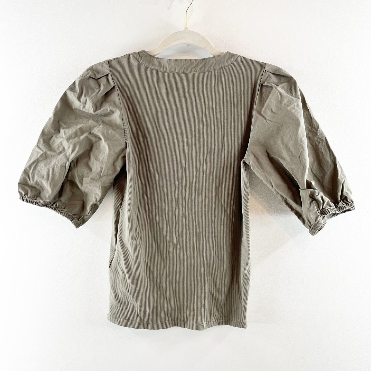 Madewell Cotton Poplin Puff-Sleeve Slim Fit Henley Knit Top Olive Green XS