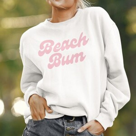 Beach Bum Corded Long Sleeve Crewneck Pullover Sweatshirt Cream Pink Small