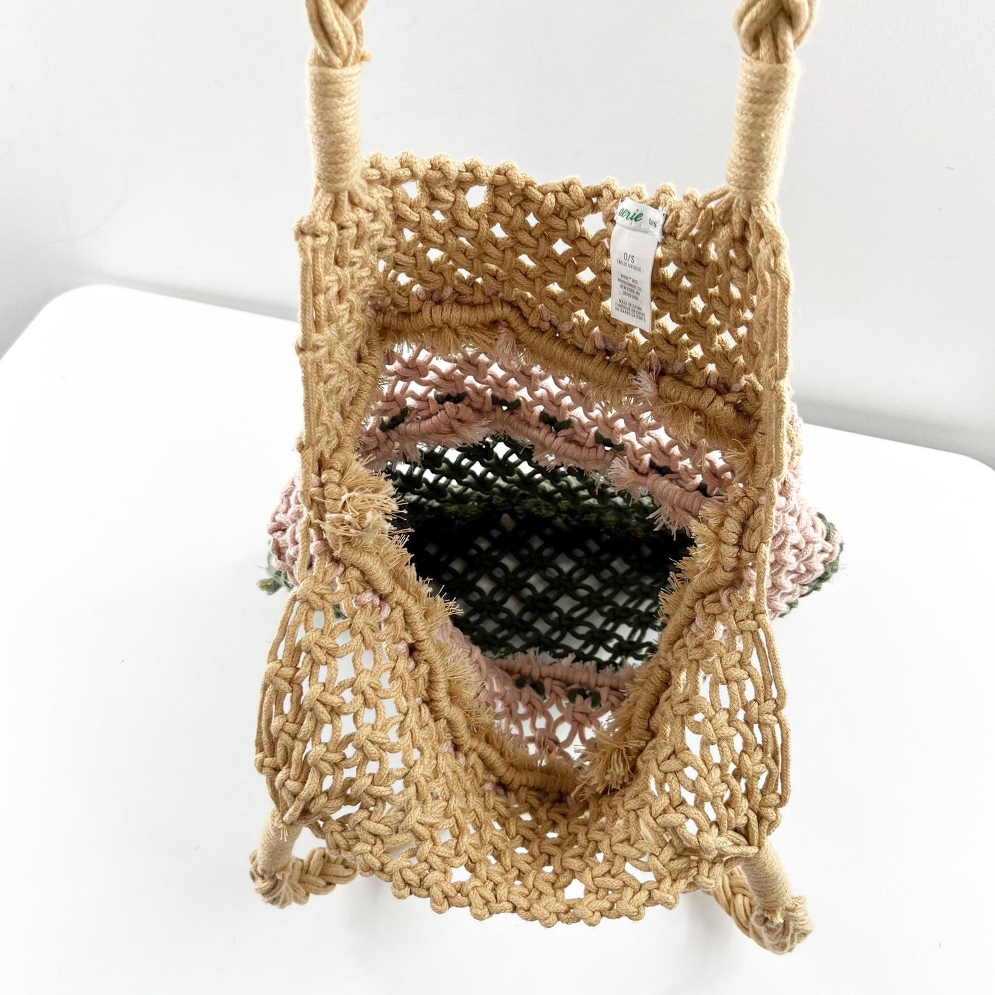 Aerie Crochet Beach Tote Bag Purse Brown Pink Green