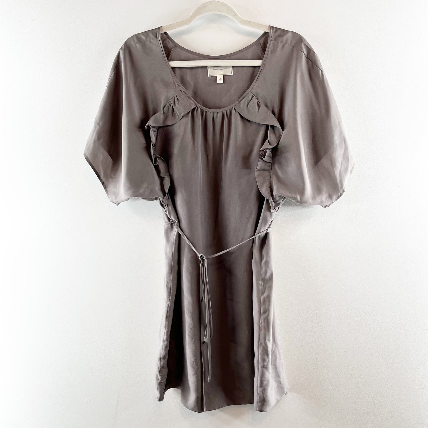 Moulinette Soeurs Short Puff Sleeve Belted Silk Mini Dress Dove Gray 6