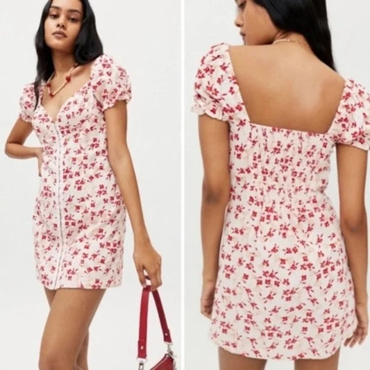 Urban Outfitters Britney Hook & Eye Puff Short Sleeve Mini Dress White Red Small