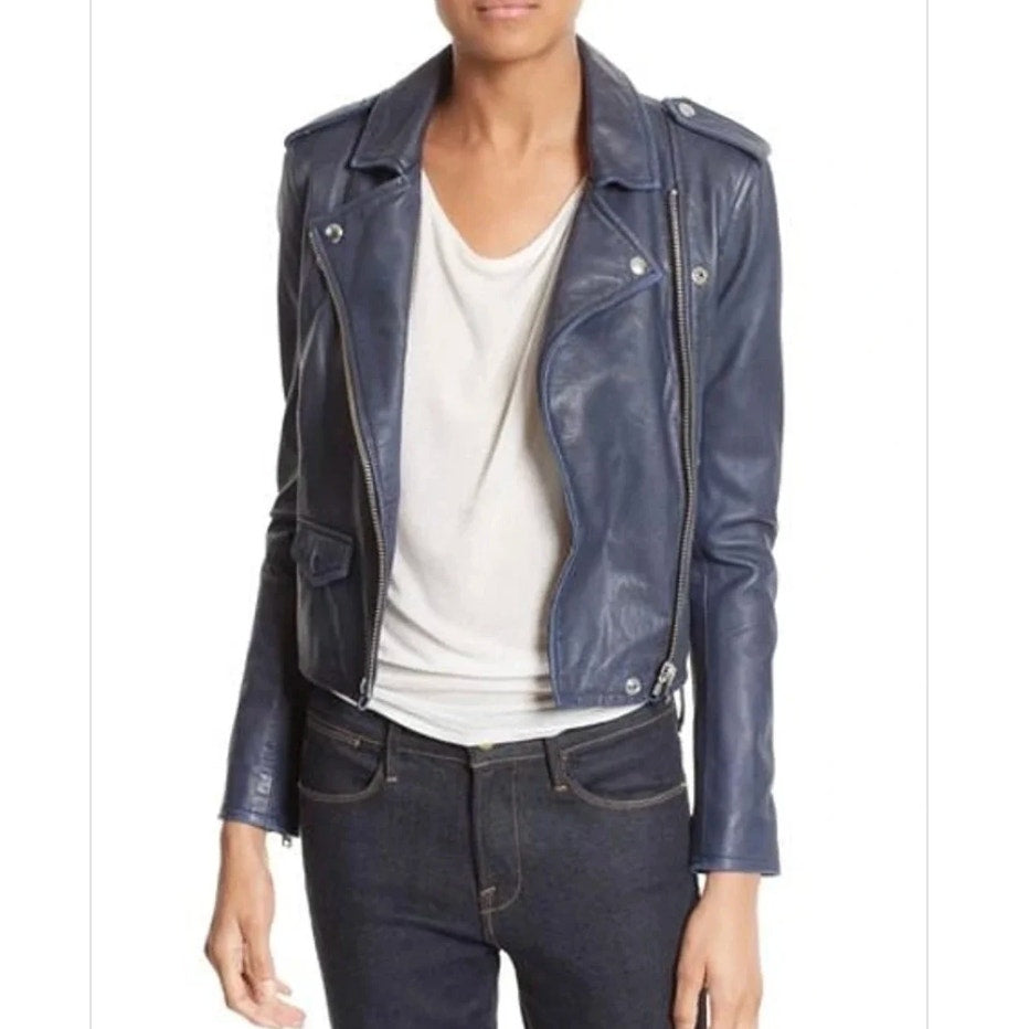 IRO Lamb Leather Zip Up Moto Biker Jacket Navy Blue 40 / US 6