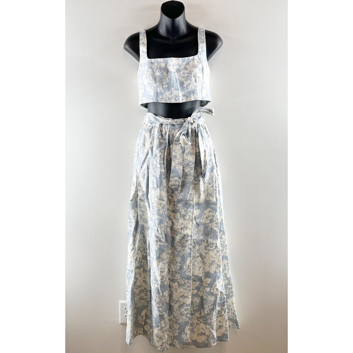 Reformation Palm Linen Crop Tank Top and Wrap Maxi Skirt Matching Set Blue 4