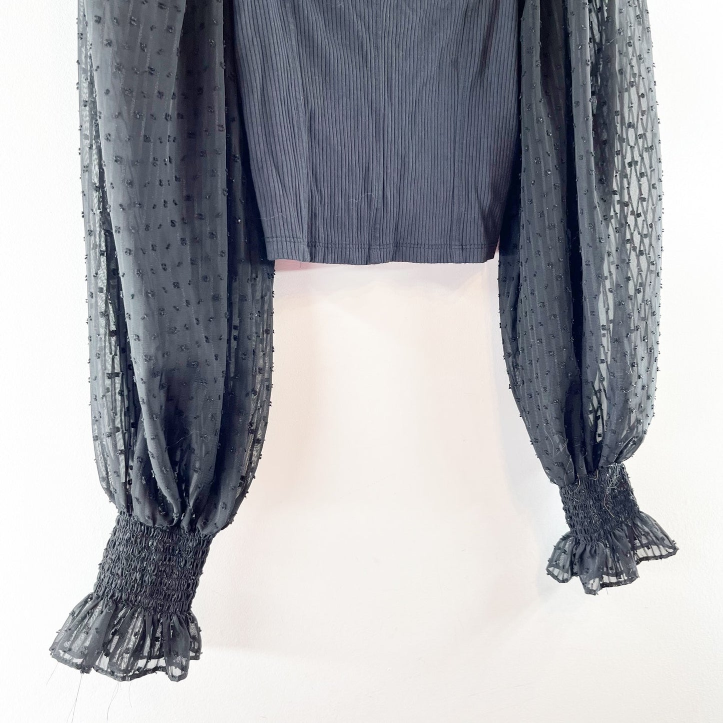 Urban Outfitters Cynthia Ribbed Square Neck Clip Dot Long Sleeve Crop Top Black