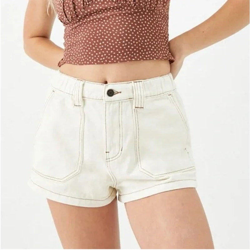 PacSun High Waisted Denim Carpenter Shorts with Contrast Stitching Bone XS