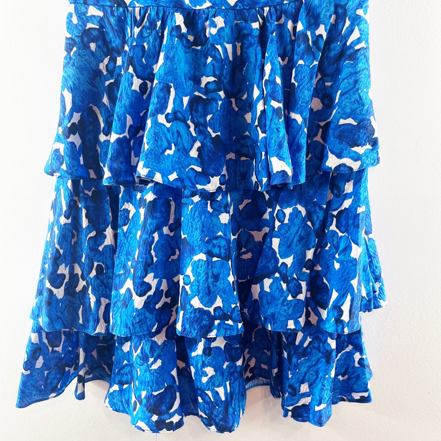 Cynthia Steffe Silk Tiered Ruffle Strapless Floral Mini Dress Blue White 8